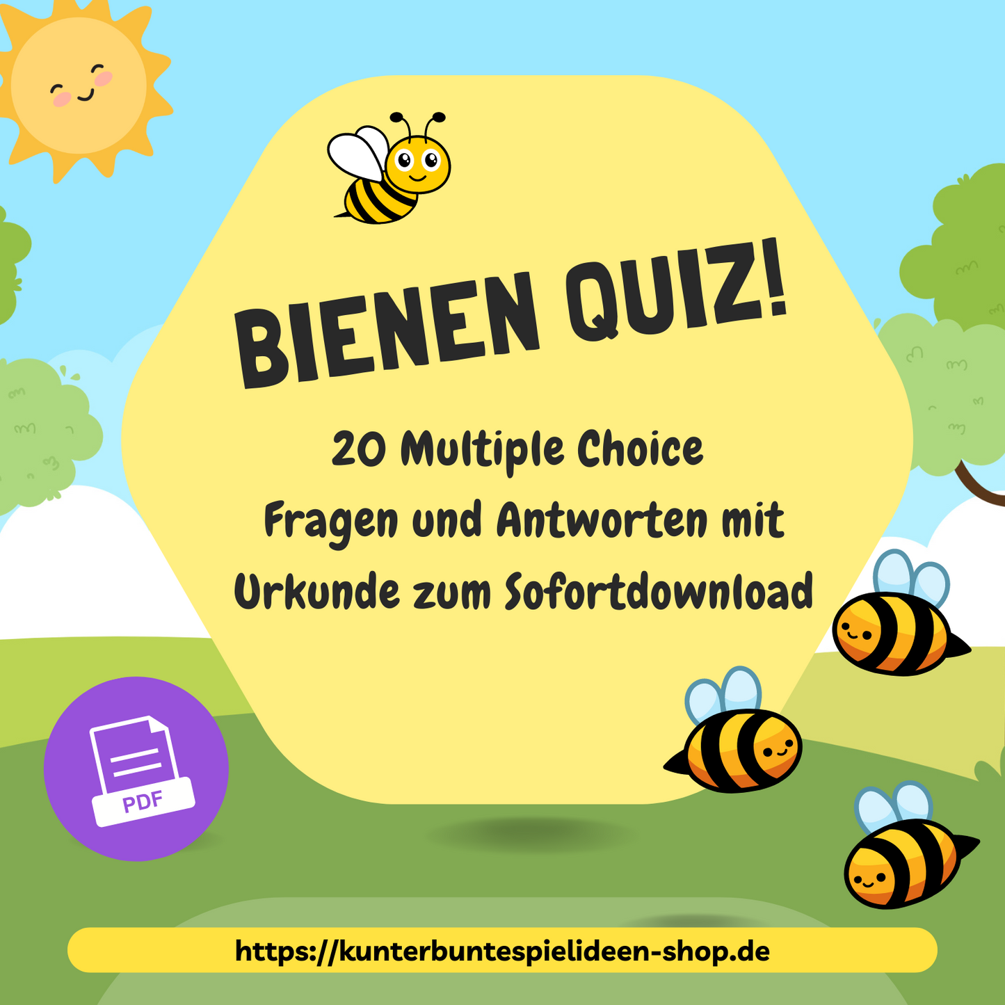 SOfortdownload PDF Bienen Arbeitsblätter Bienen Nachhaltigkeit Fragen und Antworten zum Thema Bienen zum ausdrucken Bienen DIY Geschenk Bienequiz für Grundschule, Vorschule und zu Hause