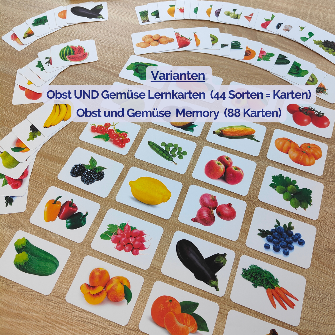 Obst und Gemüse Lernkarten für Kinder – Montessori Lebensmittel Lernkarten zum Einkaufen, Zuordnen & Spielen (44 Sorten)