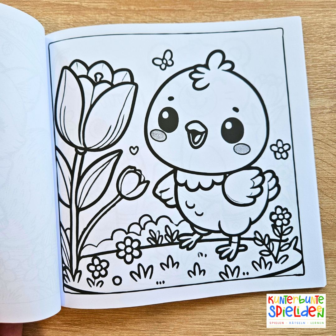 Frühlings- & Oster-Ausmalbuch für Kinder (3-7 Jahre) – mit Buntstiften inklusive im Kawaii stil