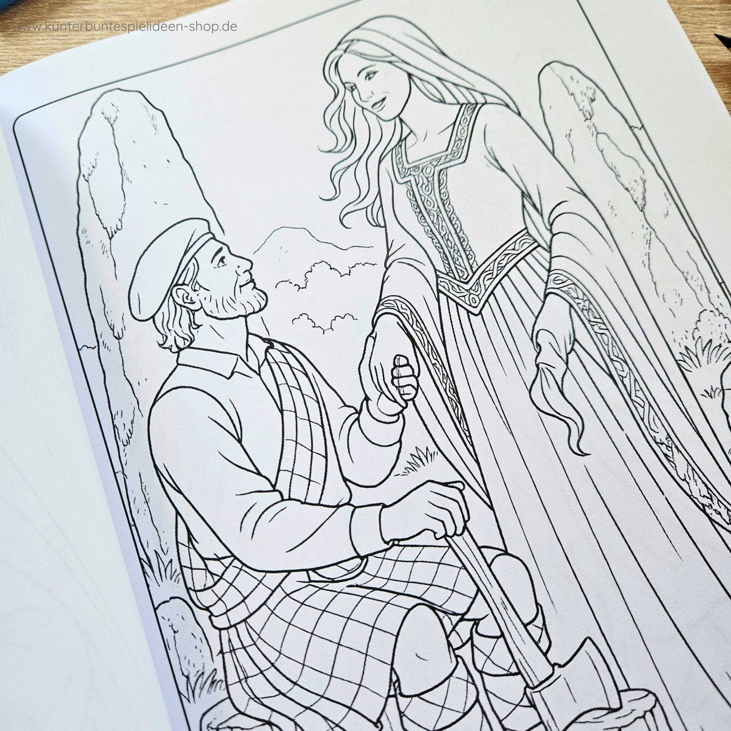 Ausmalbuch Schottland – Stehender Stein Symbolik, Highlander Ausmalbilder, Mystische Landschaften