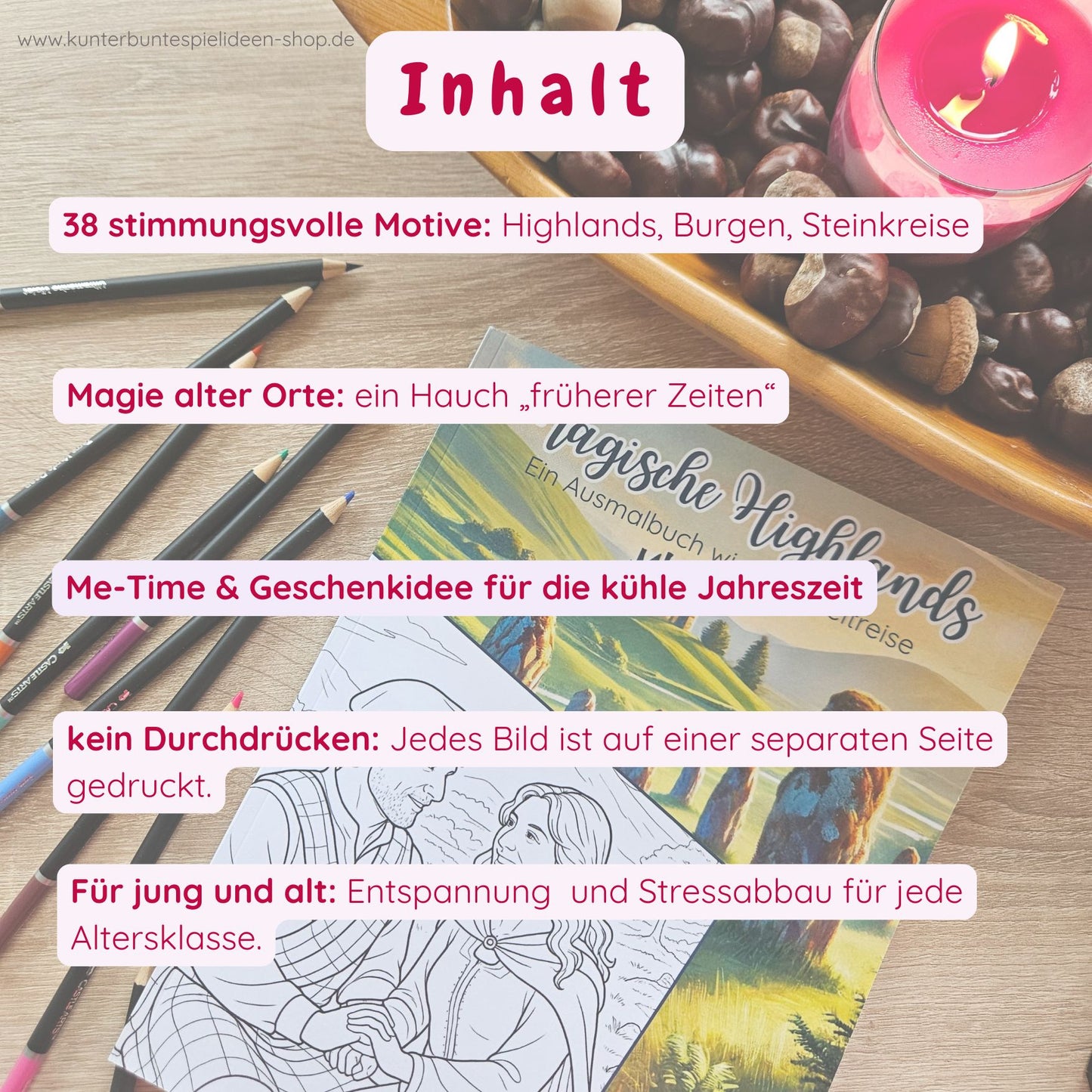 38 Motive Ausmalbuch – Highlands, Burgen, Steinkreise; Einzelseiten Ausmalbuch kein Durchdrücken; Geschenkidee Schottland-Fans