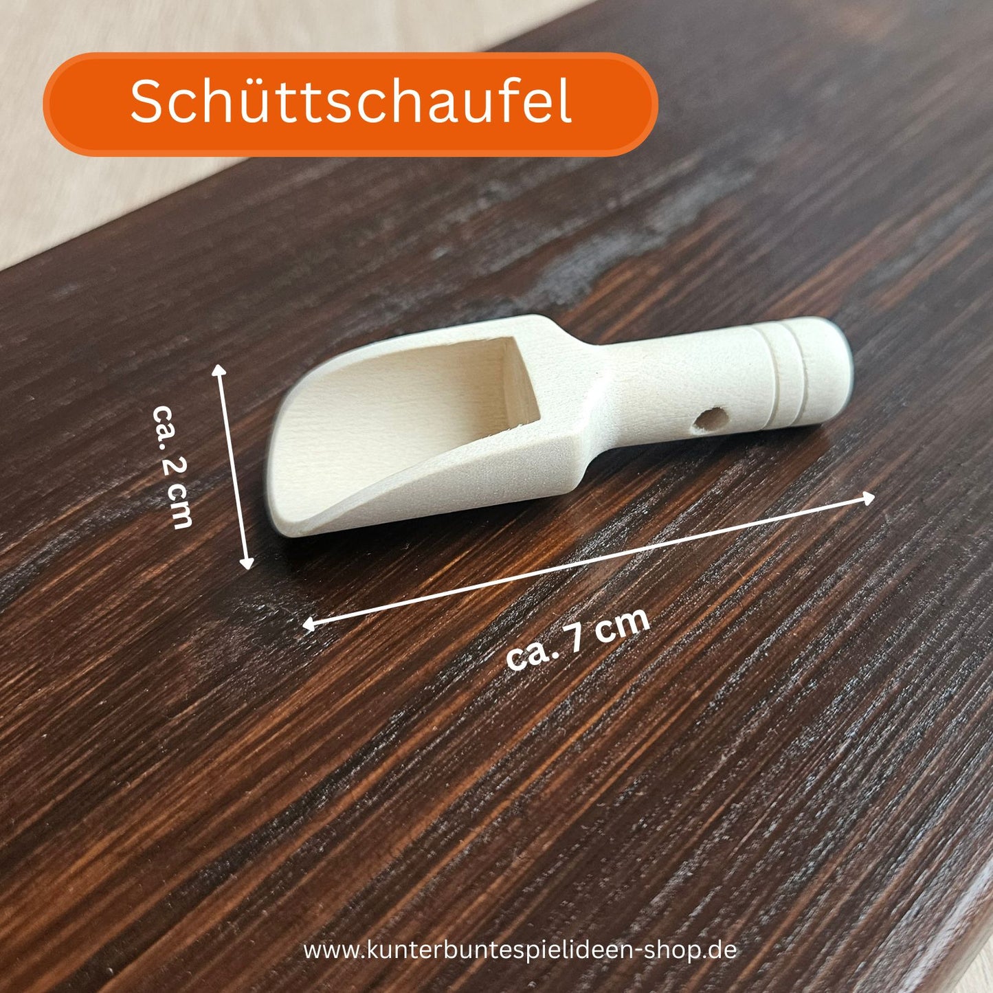 Holzschaufel Umfüllspiele als Schüttwerkzeug, ca. 7 cm lang und ca. 2 cm breit, für Schüttspiel selber machen Material mit sensorischem Reis und als Schüttspiele Kinder Zubehör.