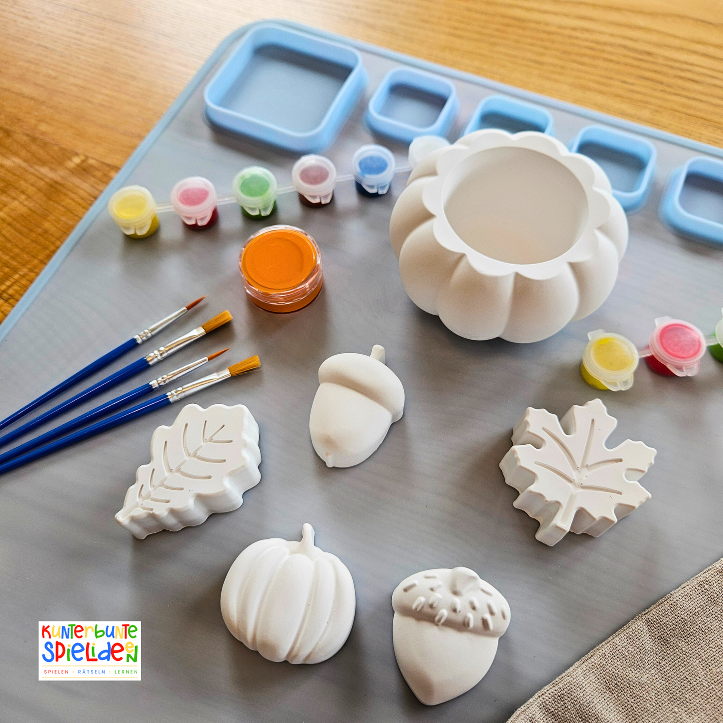 Herbstdeko DIY Kreativset – handgegossene Keraflott-Rohlinge mit Farben und Pinseln zum Bemalen für Kinder ab 6 und Erwachsene