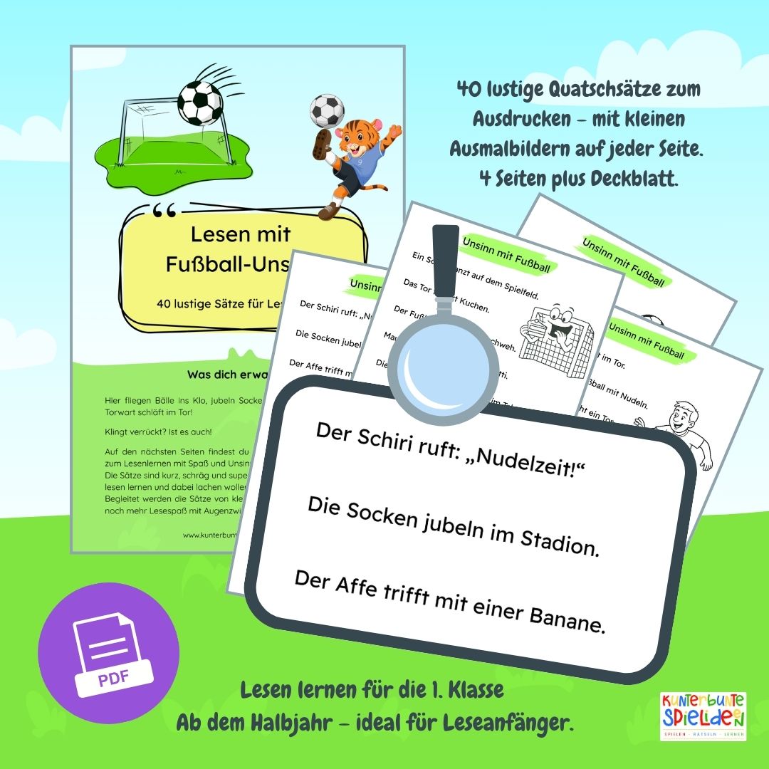 lesen lernen Lernmaterial zum Lesen Lernen lustige Sätze zum Thema Fussball für grundschule Leseanfänger erste Klasse zum Ausdrucken Lesen lernen einfach gemacht