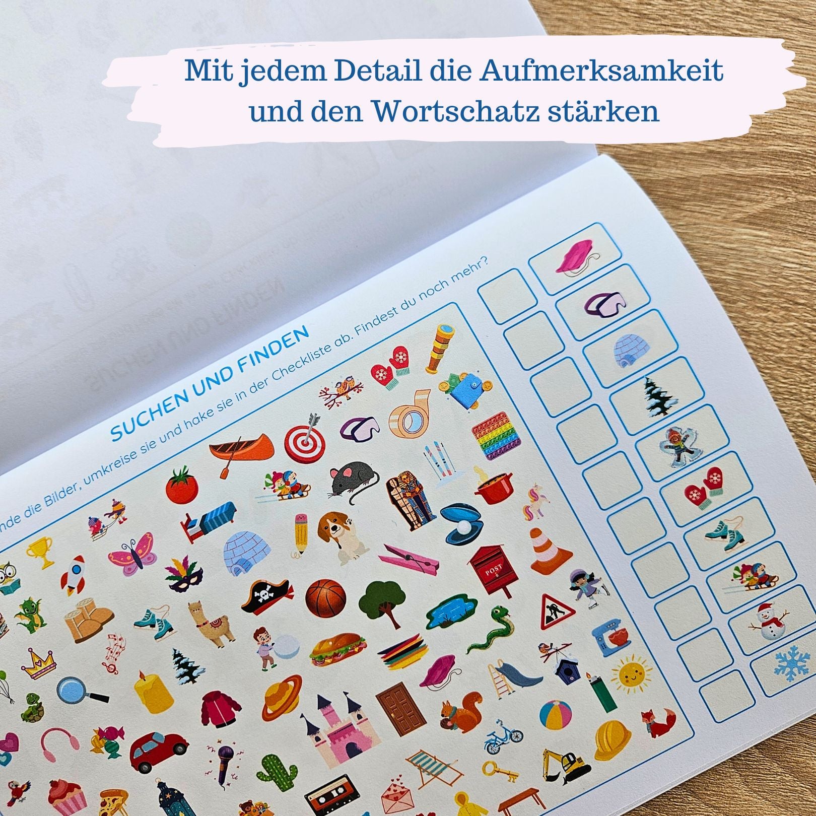 Wimmelbild für Kinder ab 3 Jahren – detailreiche Szene mit vielen Suchmöglichkeiten und Erzählanlässen. Motive aus Strand, Frühling, Sommer, Herbst, Winter, Bauernhof und Baustelle fördern Sprache, Konzentration und genaues Hinsehen