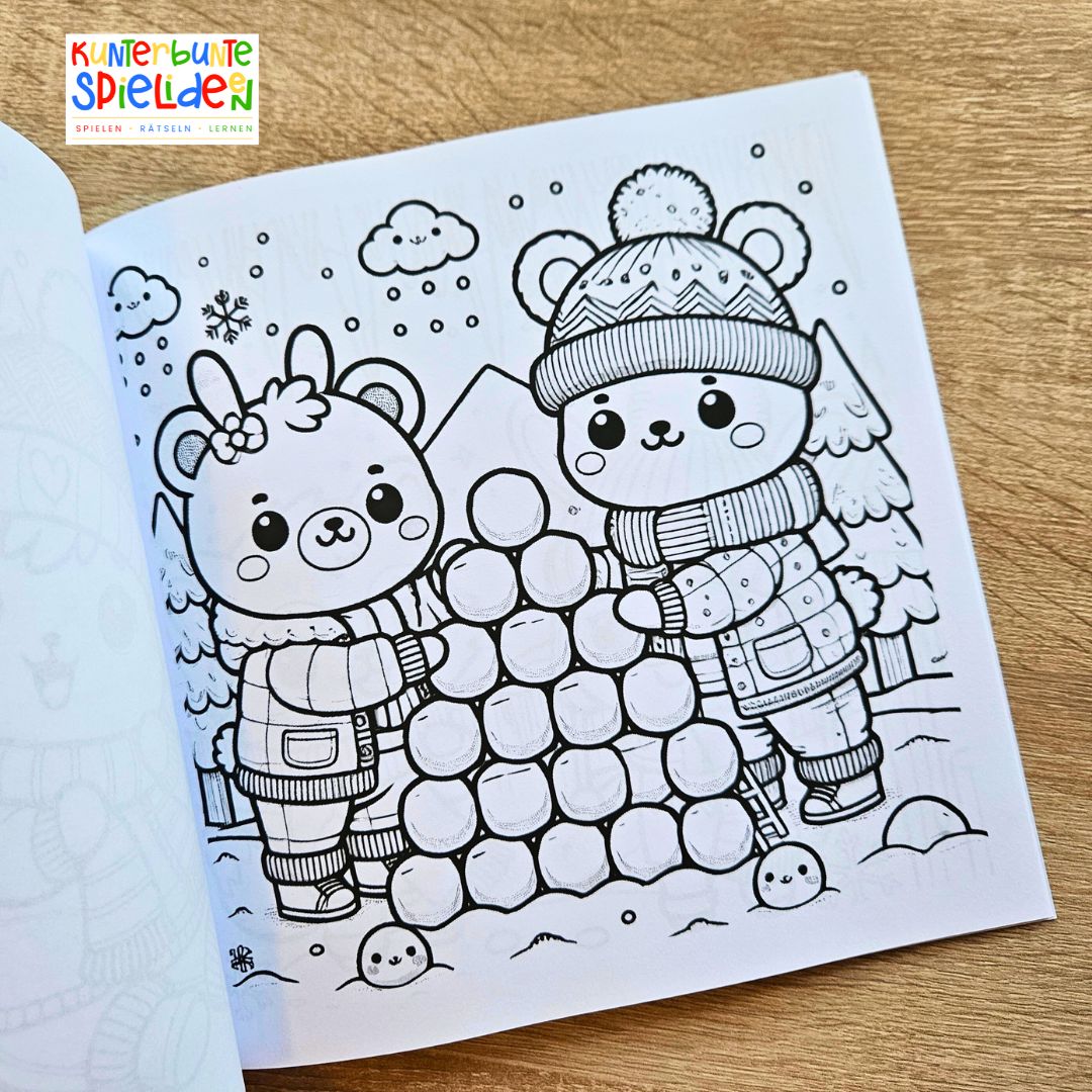 Cozy Winter ausmalbuch Malbuch Kawaii Bilder kuschelige Winterfreunde niedliche Motive Beschäftigung im Winter ohne Weihnachten Anita Prante Kunterbunte Spielideen