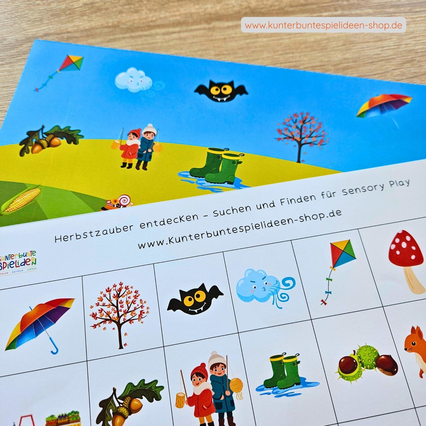 Sensorik-Spiel Herbst Druckvorlage für Regenbogenreis, Spielvorlage für sensorische Materialien, Suchbild, Wimmelbild, Sensory Play zum Ausdrucken als Schüttspiel. Zusätzlich als Suchen-&-Finden-PDF nutzbar – ein herbstliches Suchspiel, bei dem Kinder spielerisch herbstliche Motive suchen und finden