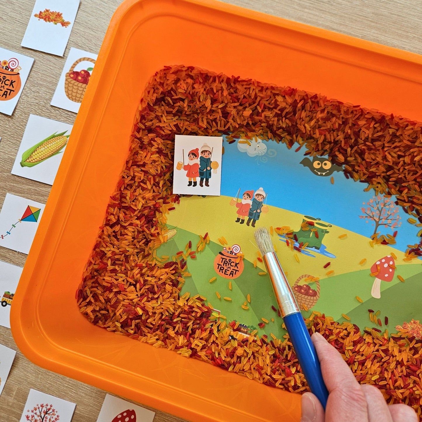 Sensorik-Spiel Herbst Druckvorlage für Regenbogenreis, Spielvorlage für sensorische Materialien, Suchbild, Wimmelbild, Sensory Play zum Ausdrucken als Schüttspiel. Zusätzlich als Suchen-&-Finden-PDF nutzbar – ein herbstliches Suchspiel, bei dem Kinder spielerisch herbstliche Motive suchen und finden