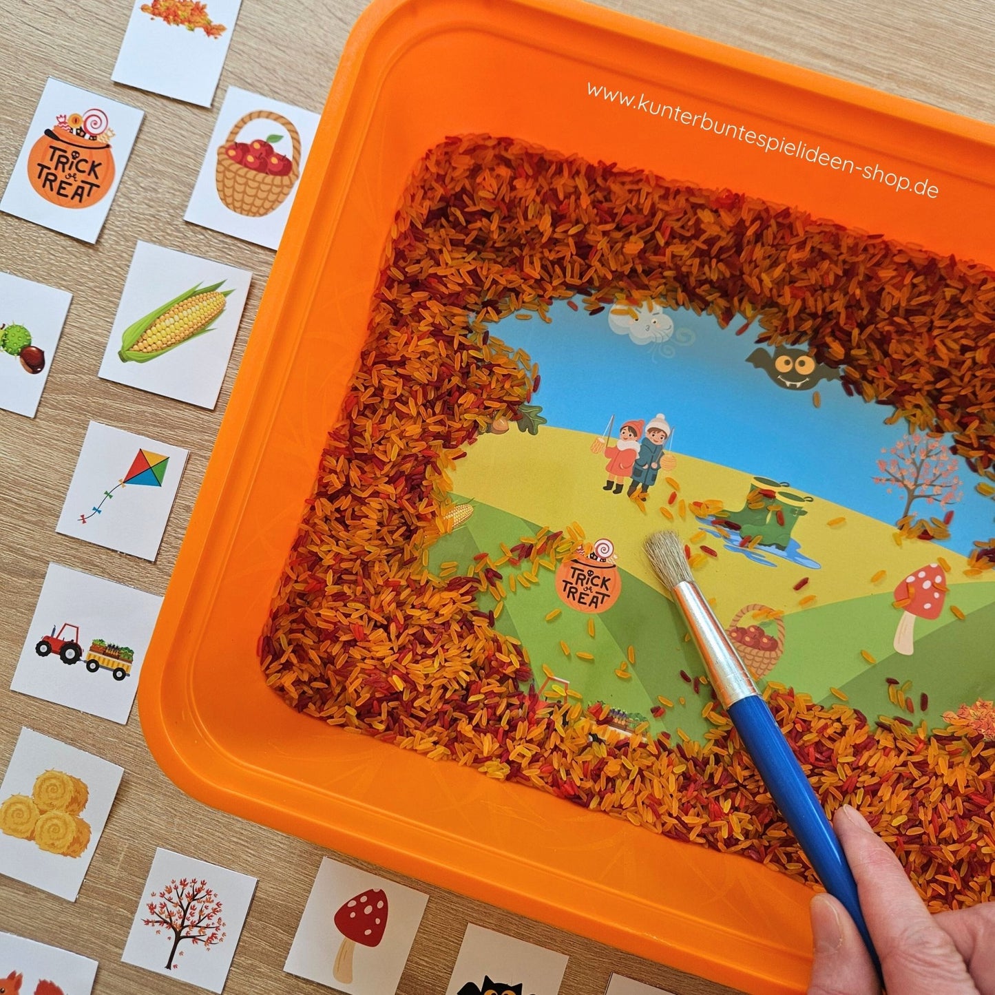 Sensorik-Spiel Herbst Druckvorlage für Regenbogenreis, Spielvorlage für sensorische Materialien, Suchbild, Wimmelbild, Sensory Play zum Ausdrucken als Schüttspiel. Zusätzlich als Suchen-&-Finden-PDF nutzbar – ein herbstliches Suchspiel, bei dem Kinder spielerisch herbstliche Motive suchen und finden