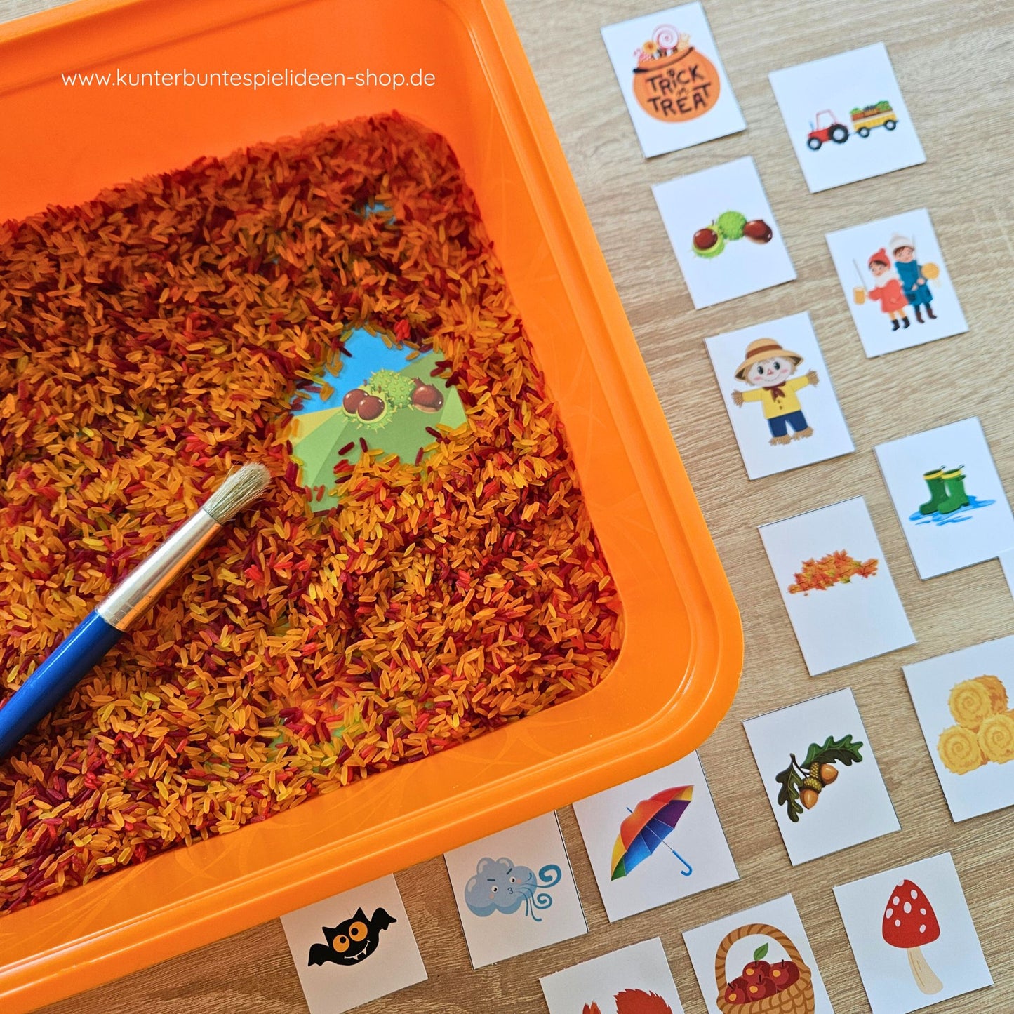 Sensorik SPiel Herbst PDF Vorlage für Regenbogenreis Spielvorlage für sensorische Materialien Suchbild für Herbst und Halloween , Wimmelbild Sensory Play zum Ausdrucken als Schüttspiel