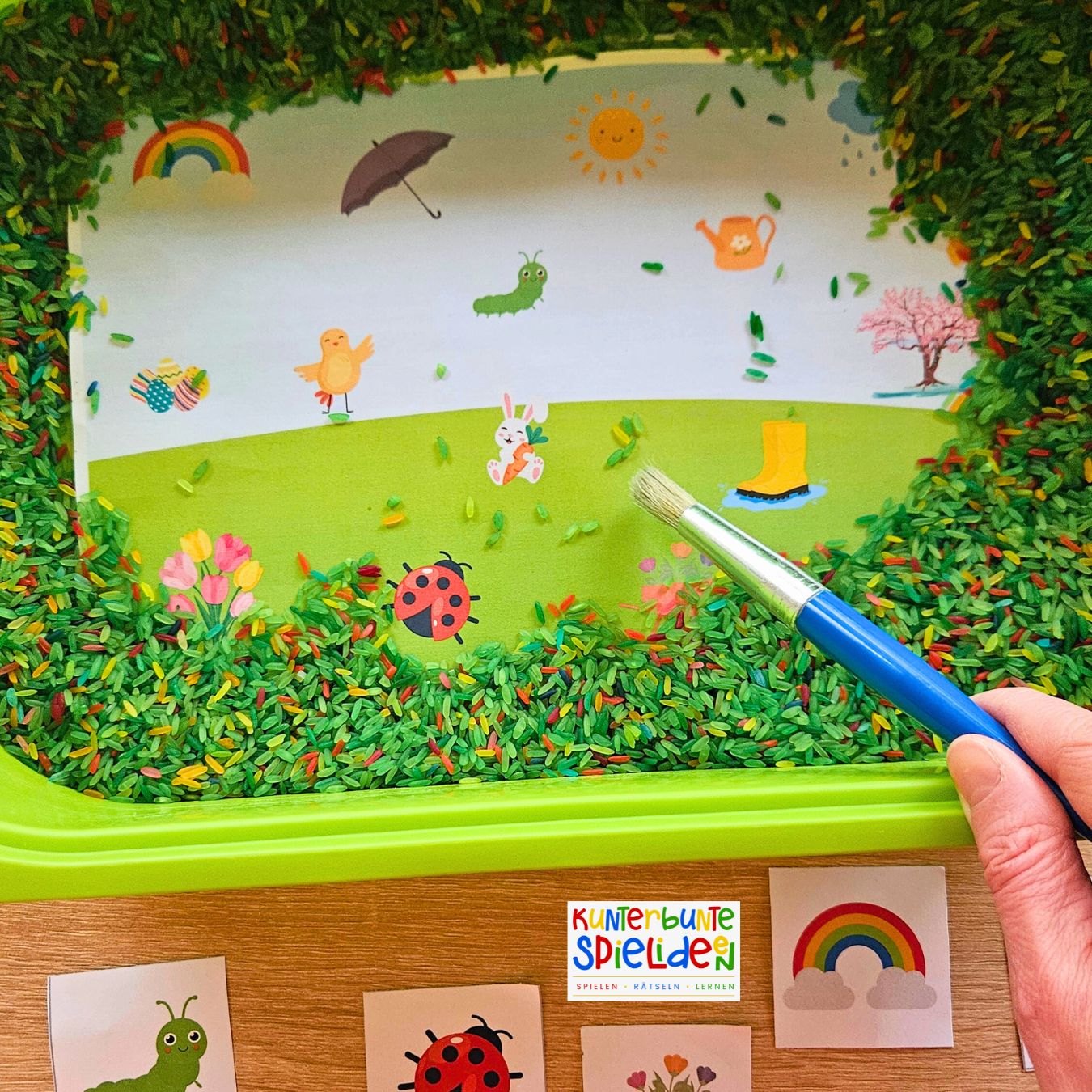 Sensory Play Ostern Frühling Download Vorlage zum Ausdrucken Montessori Material für sensorische Übungen