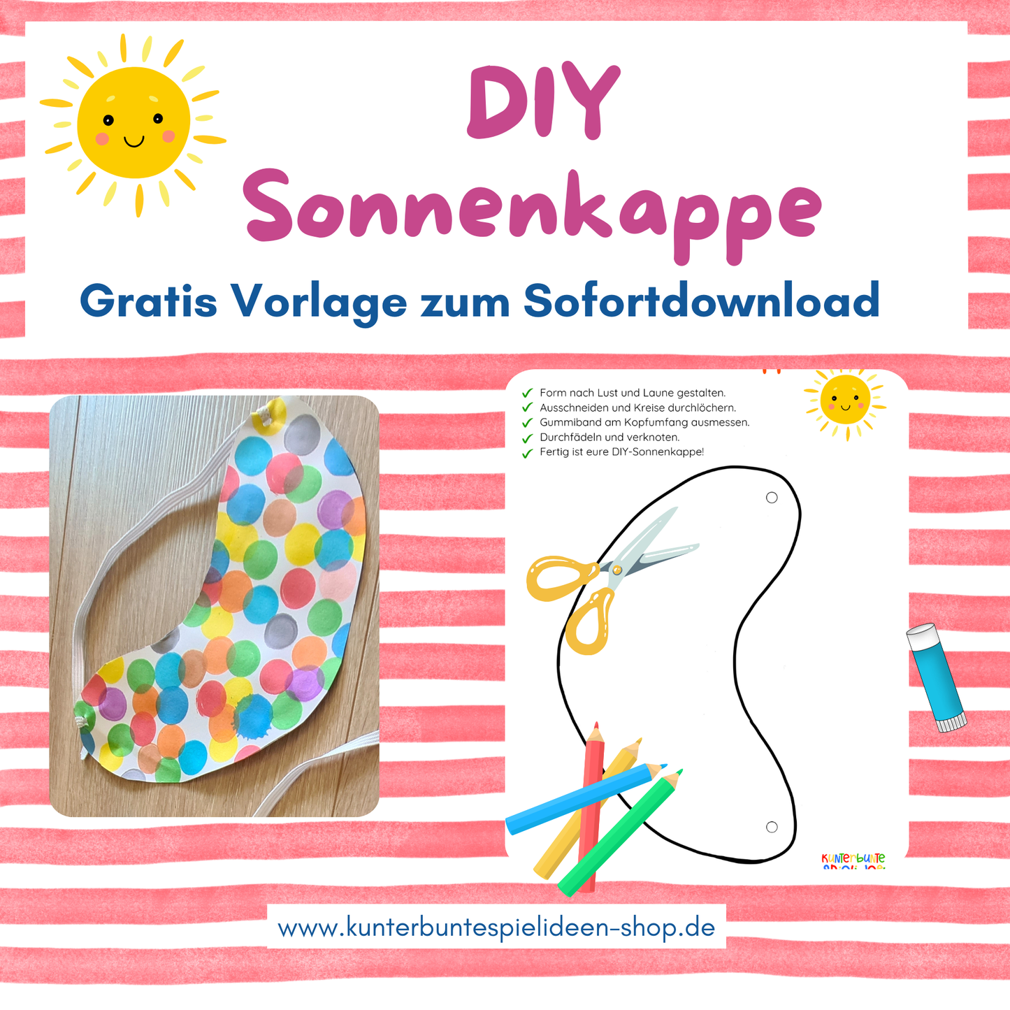 Bastelidee Sommer gratis Vorlage zum Ausdrucken Sonnenkappe DIY schneideübung Kinderfest Kindertag Beschäftigung heiße Tage Sonnenschutz selber basteln