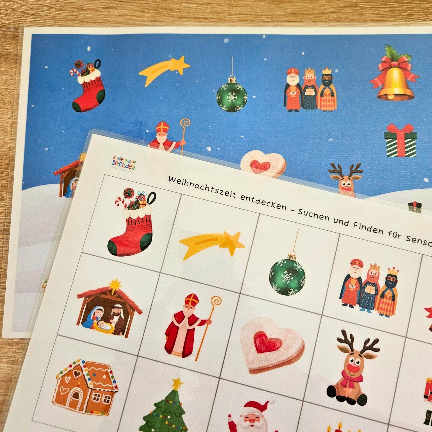 Weihnachtszeit entdecken: Suchen-&-Finden-Druckvorlage mit Karten – sensorisches Spiel ab 3; Logopädie-Material zum der/die/das-Üben.