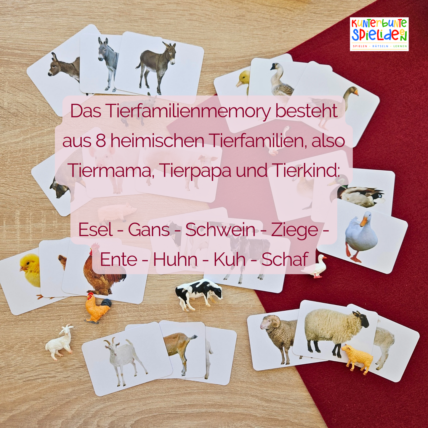 Tierfamilien Lernkarten Kinder Heimische Tiere Kuh Schwein Gans Schaf Ziege Huhn ente Esel Montessori Zuordnungsspiel Geschenk Aktionstablett Spielidee Geschenkidee Montessori Shop Tierkarten Memory