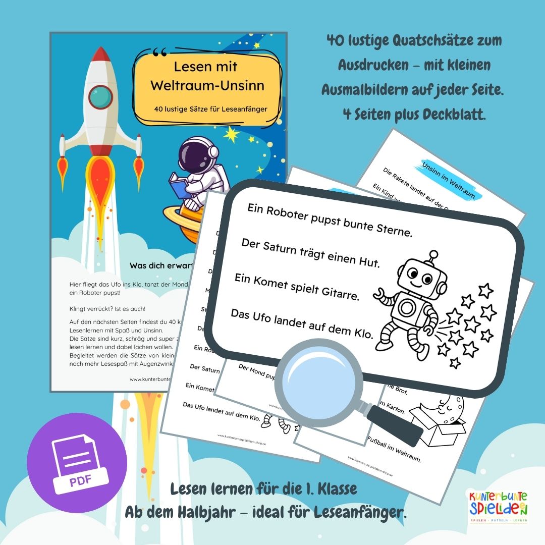 Lustiges Lesematerial mit tollen Quatschsätzen für Kinder – humorvolle Weltraum-Sätze und Arbeitsblätter zum Ausdrucken, ideal als Leseübung für Jungen und Mädchen in der 1. Klasse. Humor Übungsmaterial zum Lesen Lernen und Üben