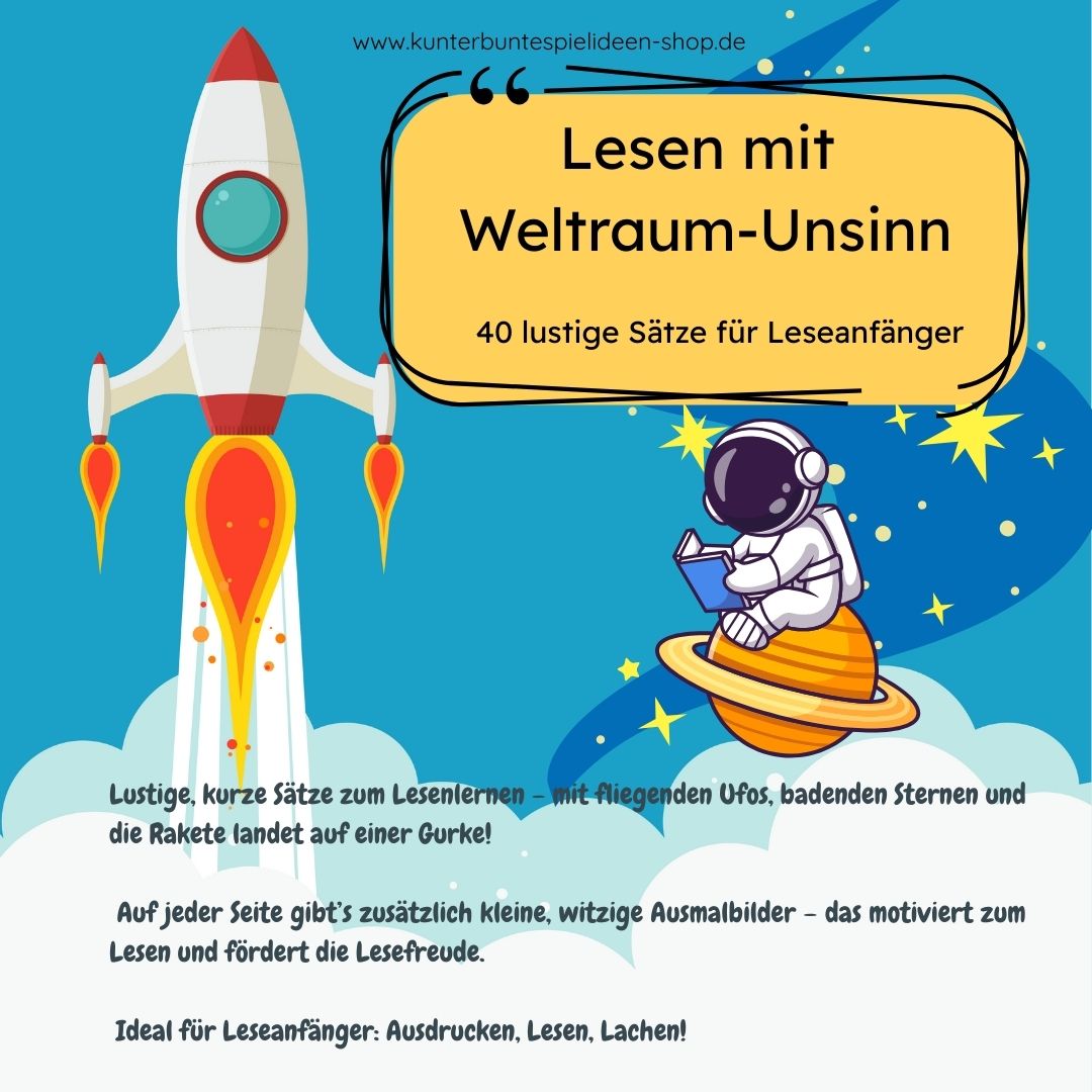 Lustiges Lesematerial mit tollen Quatschsätzen für Kinder – humorvolle Weltraum-Sätze und Arbeitsblätter zum Ausdrucken, ideal als Leseübung für Jungen und Mädchen in der 1. Klasse. Humor Übungsmaterial zum Lesen Lernen und Üben