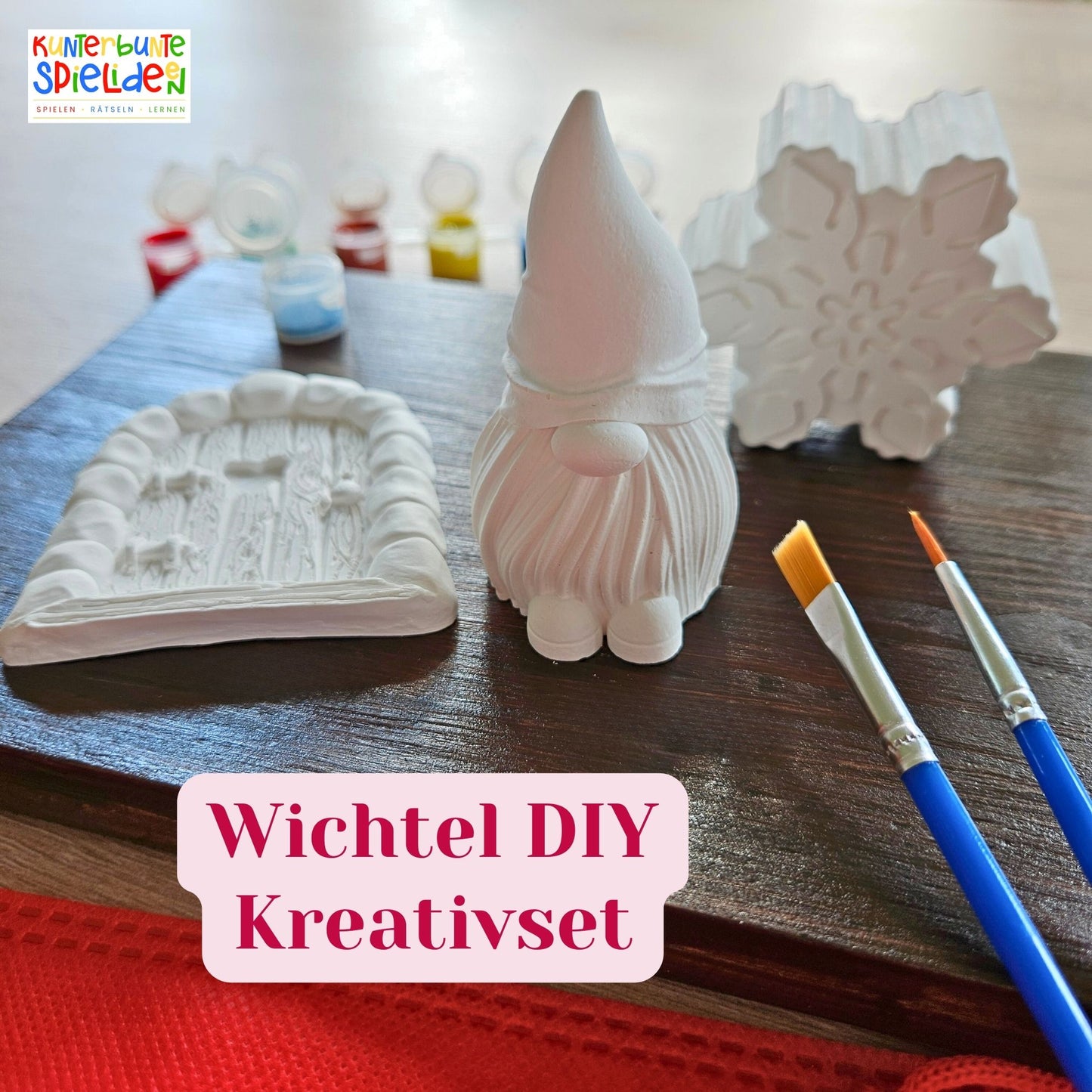 Wichtel Geschenkset Kreativset zum selbst gestalten mit Farbe und Glitzer und Pinsel Wichtel Wichteltür Schneeflocke
