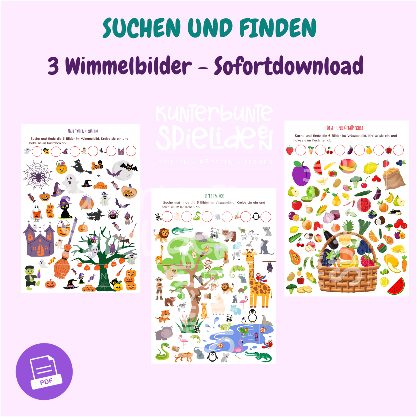 Fantasievolle und interaktive Wimmelbilder zum Herunterladen für Kinder ab 3 Jahren. Pädagogische Spiele, die kreatives Lernen fördern und Kinderunterhaltung bieten. Bildersuche sofortdownload PDF