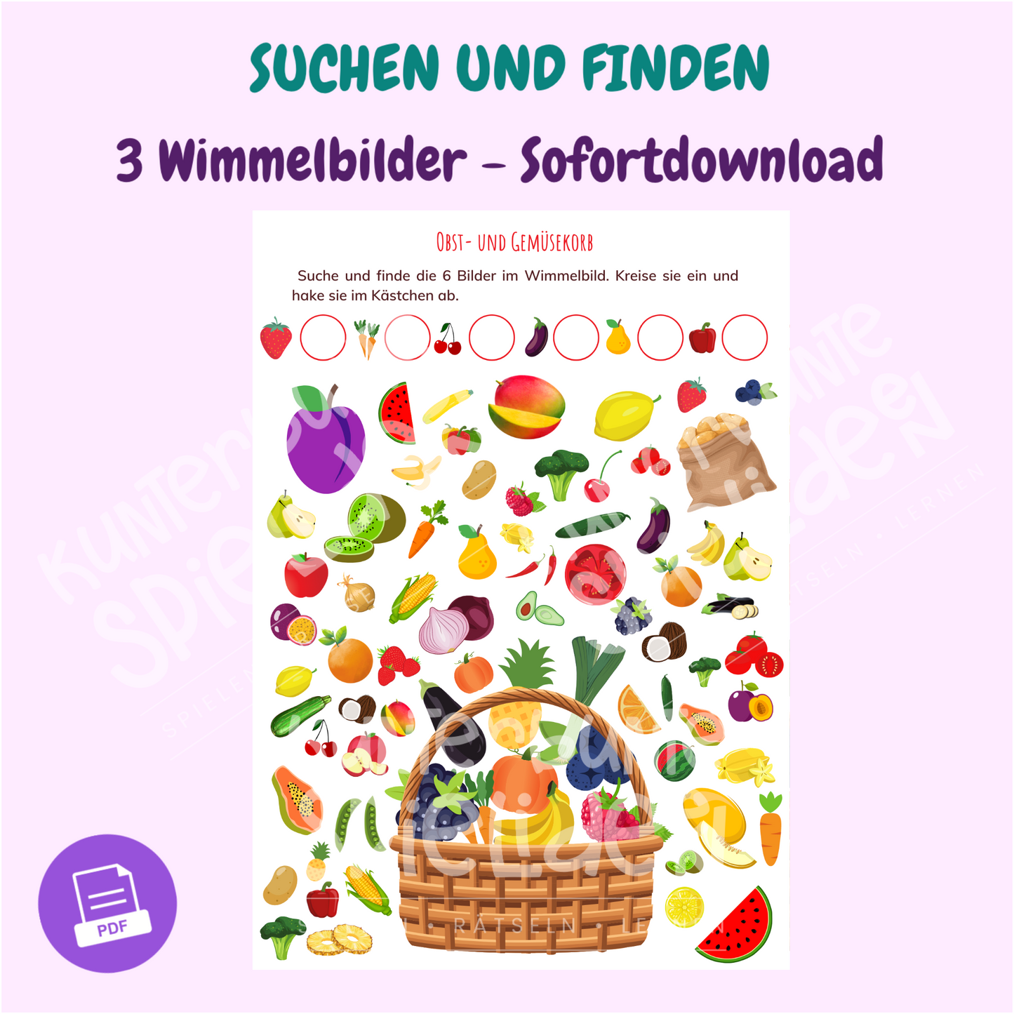 Fantasievolle und interaktive Wimmelbilder zum Herunterladen für Kinder ab 3 Jahren. Pädagogische Spiele, die kreatives Lernen fördern und Kinderunterhaltung bieten. Bildersuche sofortdownload PDF