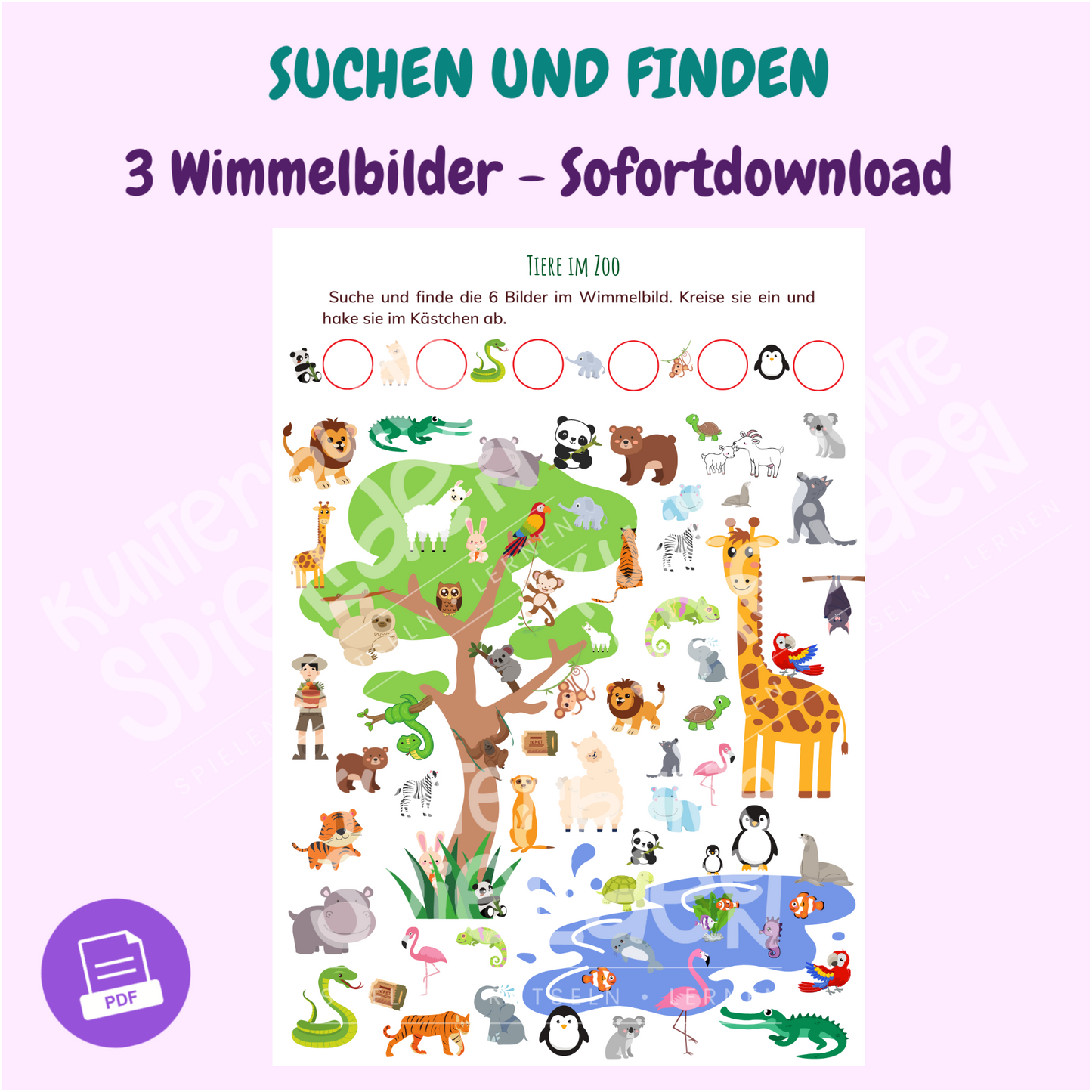 Fantasievolle und interaktive Wimmelbilder zum Herunterladen für Kinder ab 3 Jahren. Pädagogische Spiele, die kreatives Lernen fördern und Kinderunterhaltung bieten. Bildersuche sofortdownload PDF