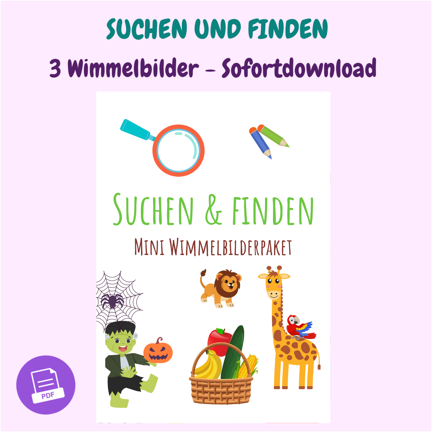 Suchbild und Wimmelbild als PDF zum Ausdrucken – ruhige Beschäftigung für Kleinkinder ab 2 Jahren mit Halloween-, Zoo- und Obstmotiven