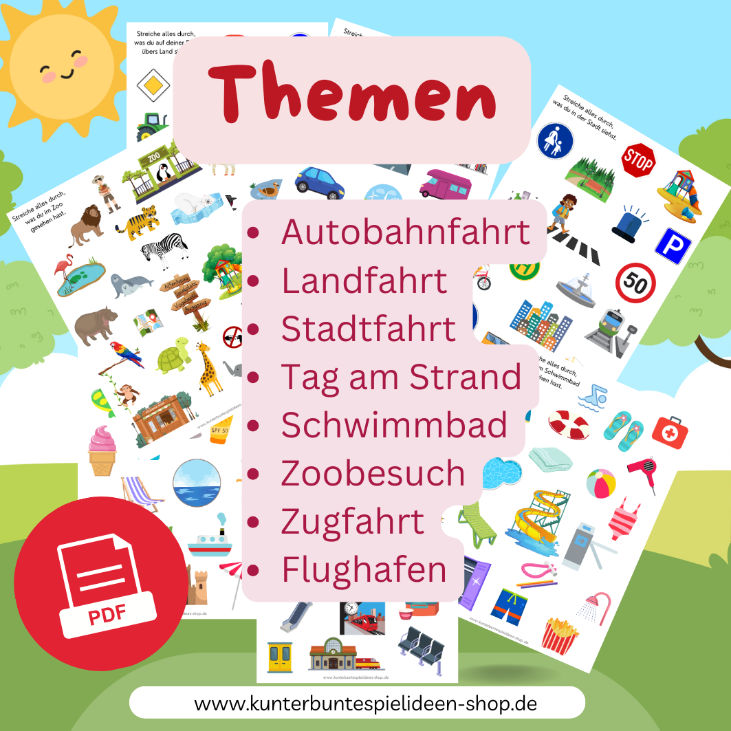 Reisebingo Autobingo Ausdrucken Beschäftigung Spiel Kinder ab 4 jahre unterwegs Beschäftigungsspiele für unterwegs zum Ausdrucken Autobingo Deutschland reisebingo autobingo ausdrucken Autobahn Landfahrt Flughafen Strand Schwimmbad Zoo Zugfahrt Flughafen
