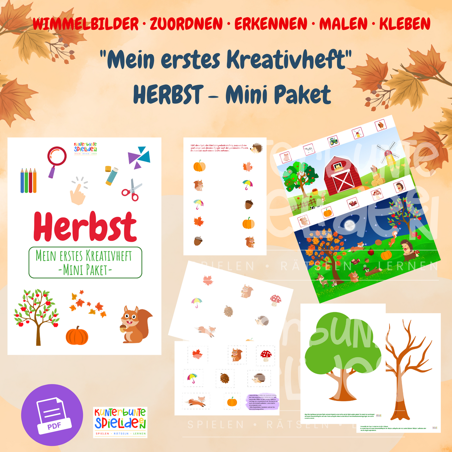 PDF Bastelvorlagen Herbst für Kleinkinder ab 20 Monaten. Kreativheft mit Wimmelbildern, Stickerbögen, Zuordnungsübungen und herbstlichen Spielideen