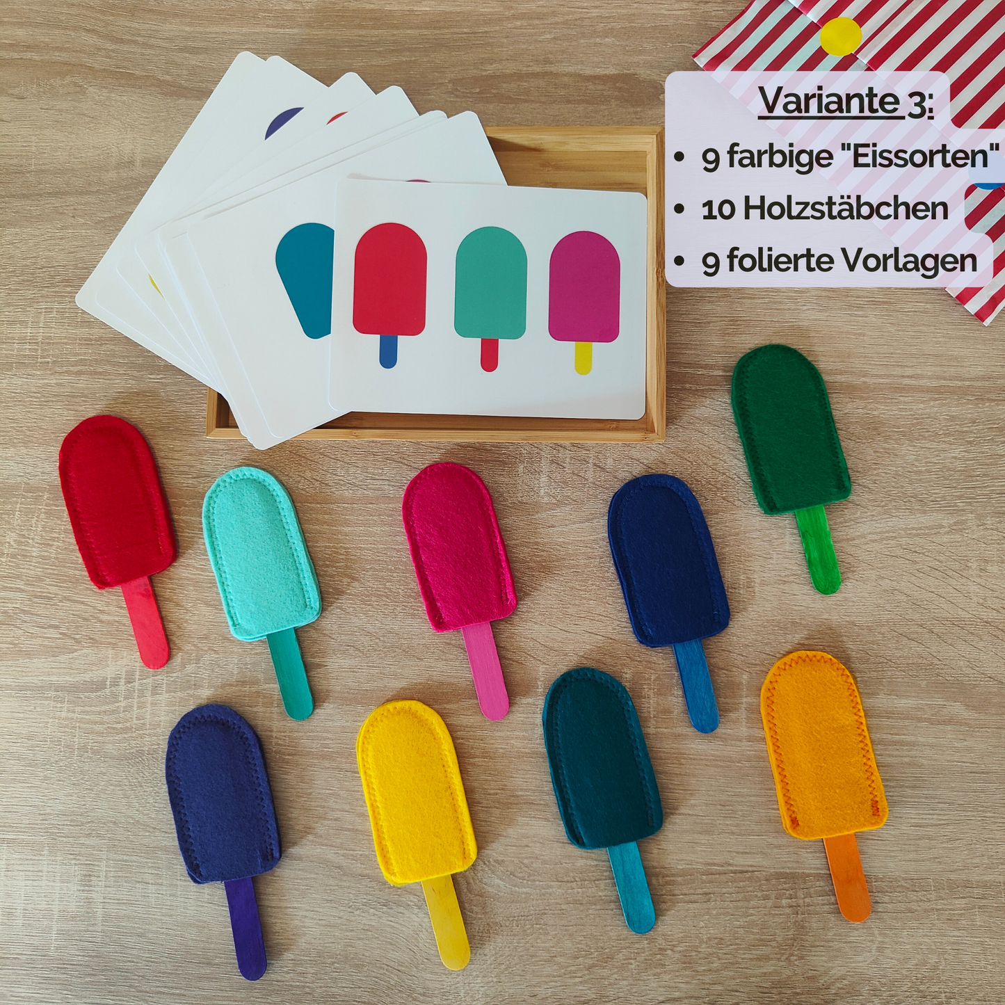 Eisdiele Spiel für Kinder als liebevolles Rollenspiel mit Filzeis und Holzstäbchen, das auch im Kaufmannsladen genutzt werden kann und Lernen mit fantasievollem Spielen verbindet