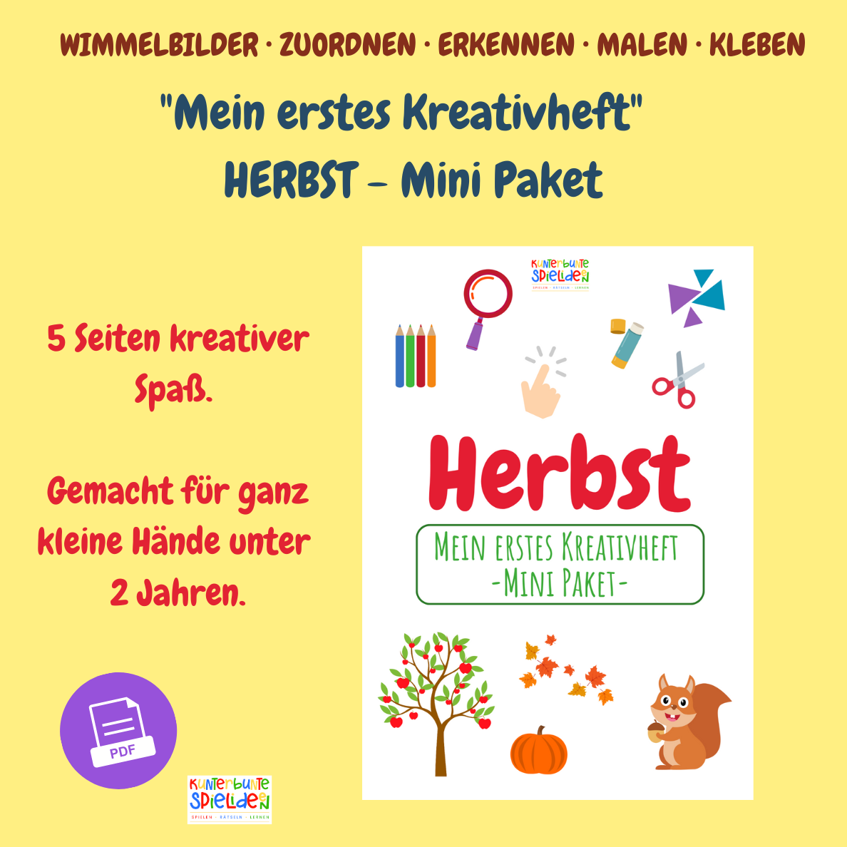Herbst Kreativheft Mini Paket – Bastelideen und PDF-Druckvorlagen für Kleinkinder ab 2 Jahren. Enthält 5 kreative Seiten zum Malen, Kleben und Entdecken