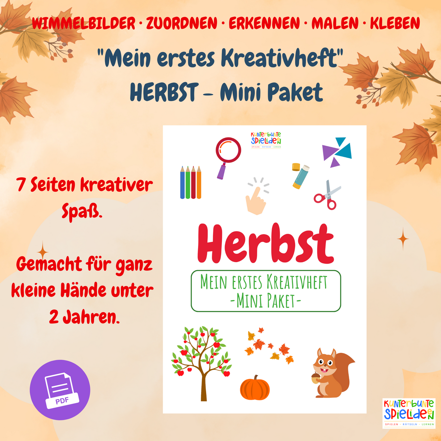 Mein erstes Kreativheft Herbst – PDF Bastelvorlagen für Kleinkinder ab 20 Monaten. Beschäftigungsideen, Malen, Kleben, Zuordnen und Wimmelbilder