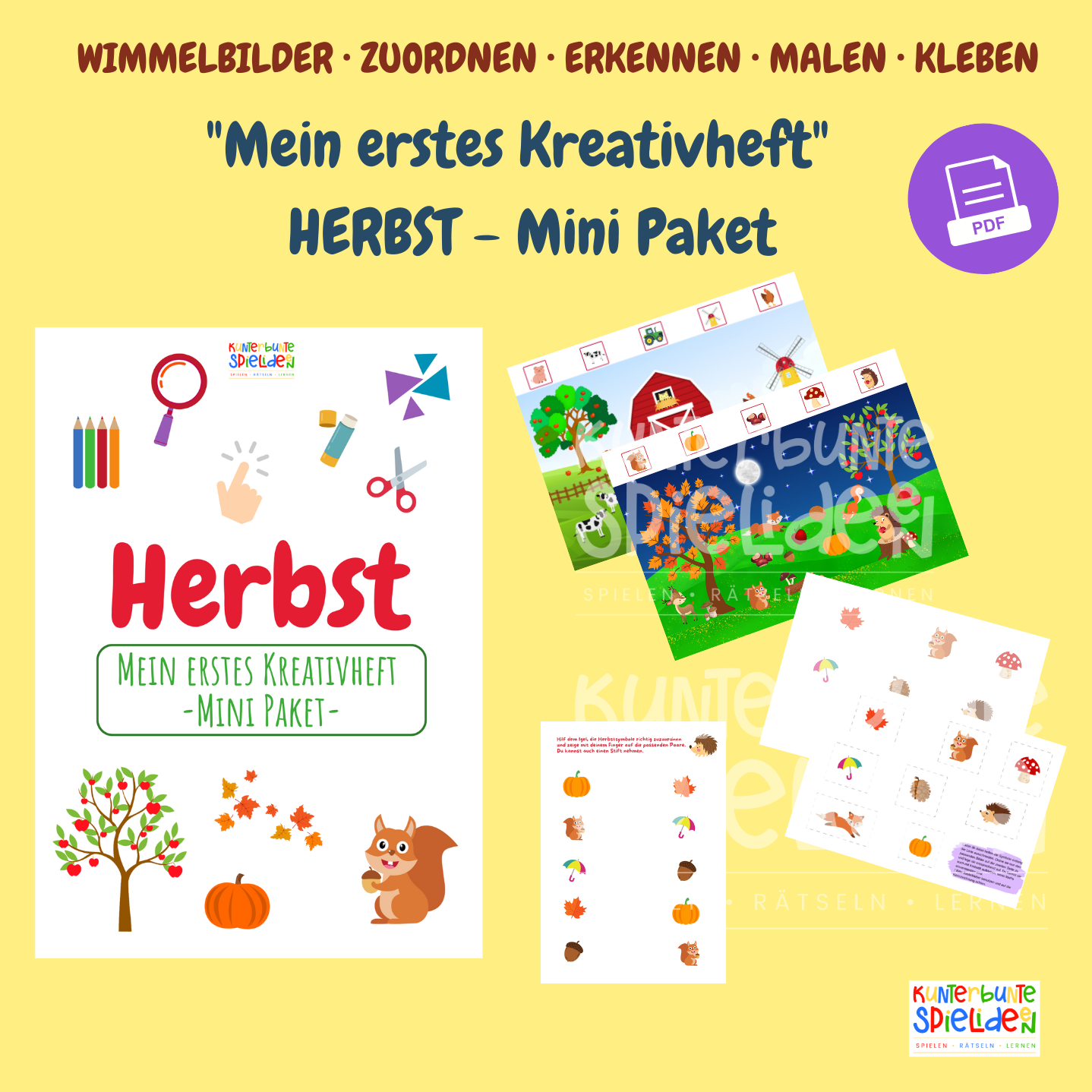 Mein erstes Kreativheft Herbst als PDF – Vorschau auf Bastelvorlagen, Sticker, Wimmelbilder und Arbeitsblätter. Kreative Beschäftigung für Kleinkinder ab 2 Jahren