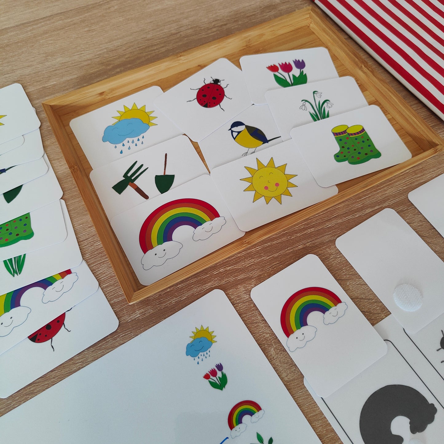 Zuordnungsspiel mit Schattenbildern und passenden Frühlingssymbolen als Montessori-inspiriertes Lernspiel für Kinder. Fördert spielerisch Feinmotorik, Wahrnehmung und erstes logisches Denken.