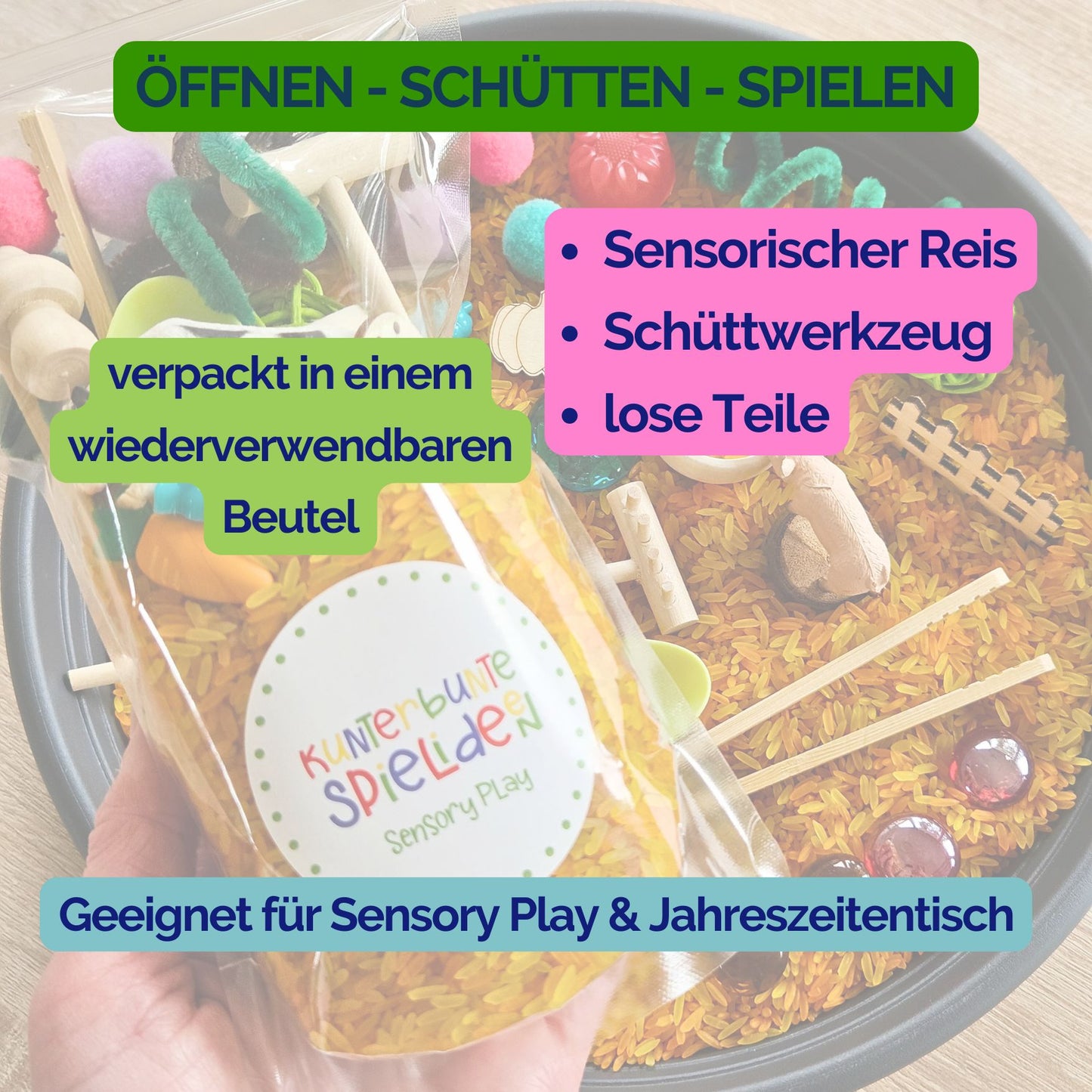 Sensorisches Spiel Herbst im Beutel – Schüttwerkzeuge, Reis und Zubehör für Montessori-inspiriertes Erntedank-Sensory-Play