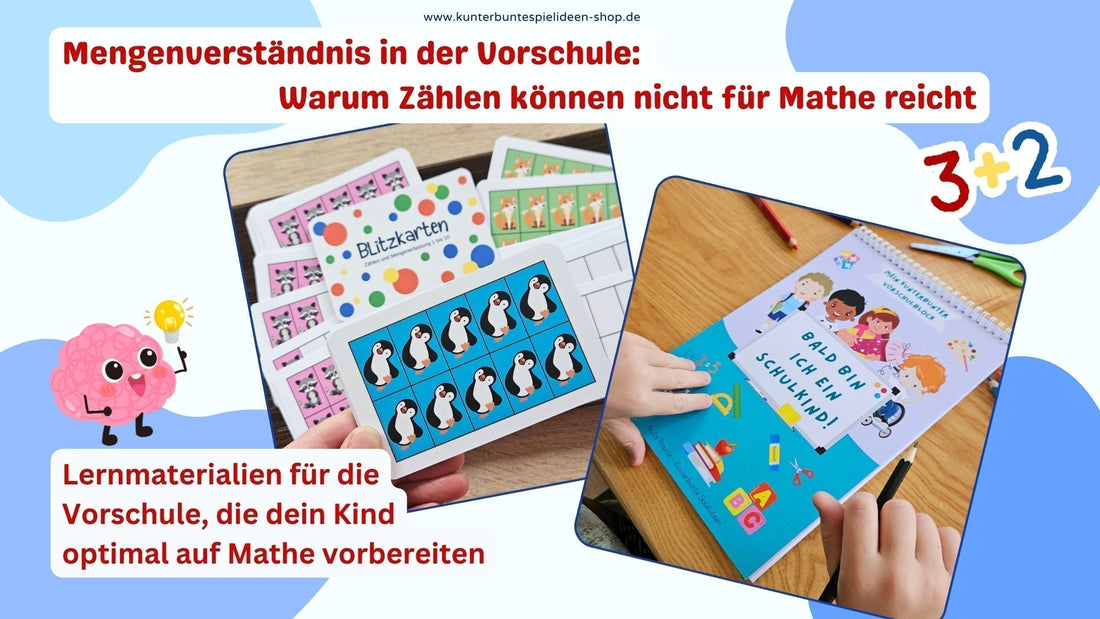 Schulvorbereitung in der Vorschule mit Lernkarten für Mengenverständnis, Zahlen erkennen und Mengen erfassen sowie Vorschulheft ab 5 für Konzentration, Schreibvorbereitung und Feinmotorik