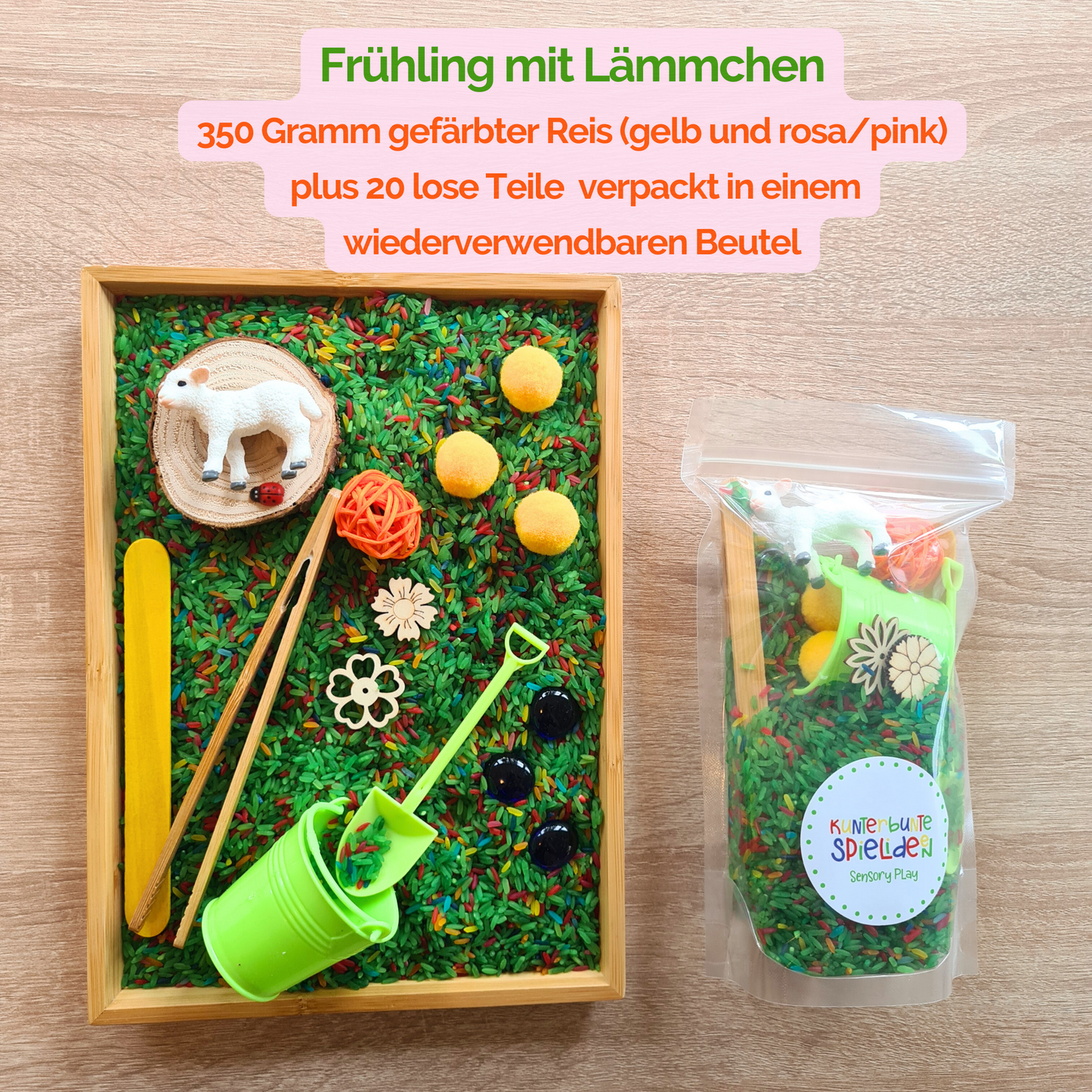 Sensorische Spiele Thema Frühling Sensory Play Frühling gefärbter Reis Montessori Spiele Frühling