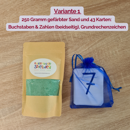 Montessori Sandtablett mit gefärbtem Sand und hochwertigem Kartenset: Groß- und Kleinschriftbuchstaben, Zahlen. Grundschrift. Perfektes Geschenk für Einschulung und Vorschule, Geschenk für die Zuckertüte. Buchstabenkarten mit Grundschrift. Zum Schreiben und Rechnen lernen