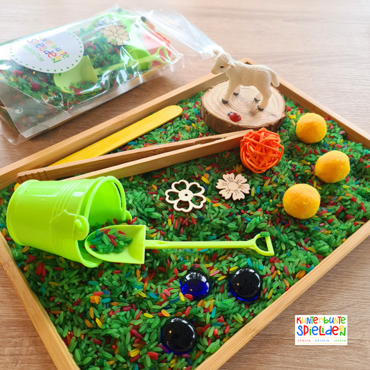 Sensorische Spiele Thema Frühling Sensory Play Frühling gefärbter Reis Montessori Spiele Frühling