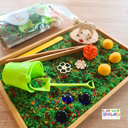 Sensorische Spiele Thema Frühling Sensory Play Frühling gefärbter Reis Montessori Spiele Frühling