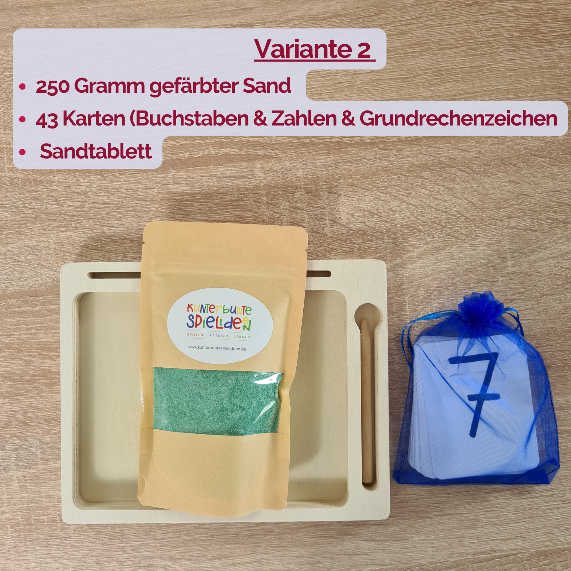 Montessori Sandtablett mit gefärbtem Sand und hochwertigem Kartenset: Groß- und Kleinschriftbuchstaben, Zahlen. Grundschrift. Perfektes Geschenk für Einschulung und Vorschule, Geschenk für die Zuckertüte. Buchstabenkarten mit Grundschrift. Zum Schreiben und Rechnen lernen