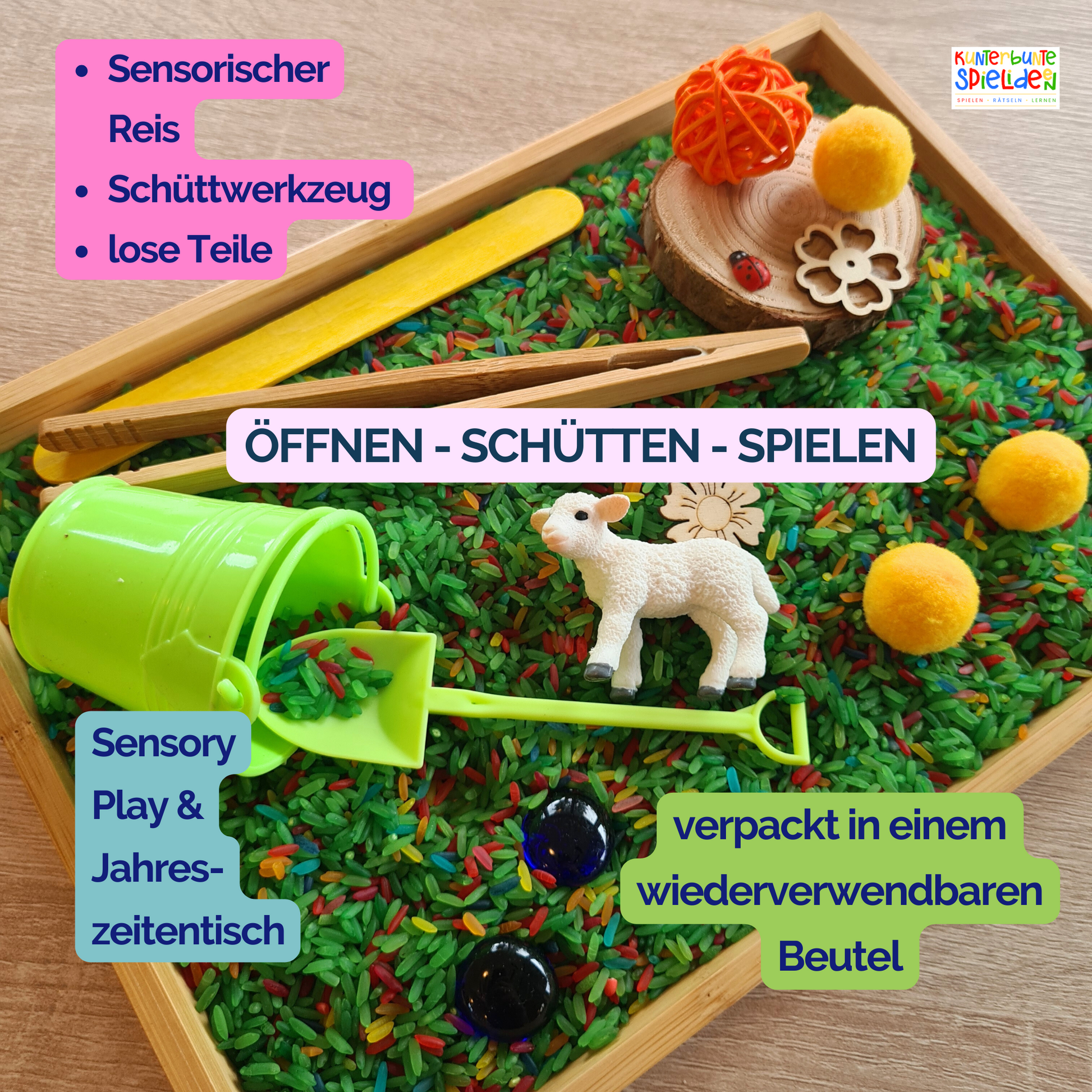 Sensorische Spiele Thema Frühling Sensory Play Frühling gefärbter Reis Montessori Spiele Frühling