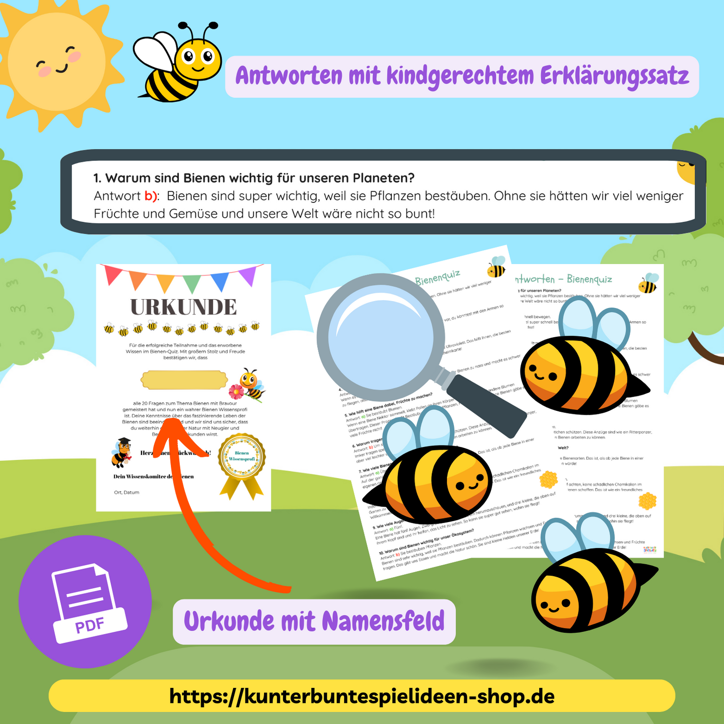 SOfortdownload PDF Bienen Arbeitsblätter Bienen Nachhaltigkeit Fragen und Antworten zum Thema Bienen zum ausdrucken Bienen DIY Geschenk