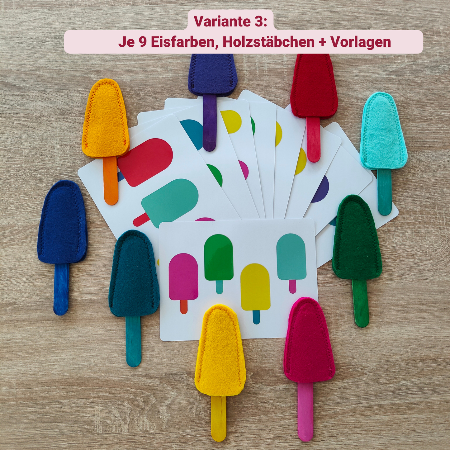 Feinmotorik Lernspiel ab 2 Jahre, Lernspiel ab 3 Jahre, Montessori Aktionstablett Geschenk, Steckspiel "Eis am Stiel" Farben zuordnen, Feinmotorik, Montessori Spiel, Geschenk Kleinkinder, Kaufmannsladen, Filz Popsicle