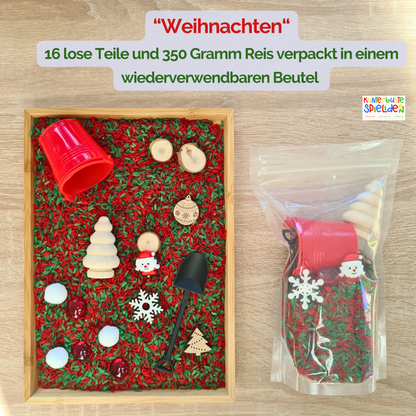 Sensory Play mit sensorischem Reis Weihnachten Aktionstablett Montessori Geschenk ab 3 Jahre Geschenk ab 4 Jahre Geschenk ab 2 jahre Sinnesspiel Sensory Play Weihnachtszeit mit Schüttwerkzeugen