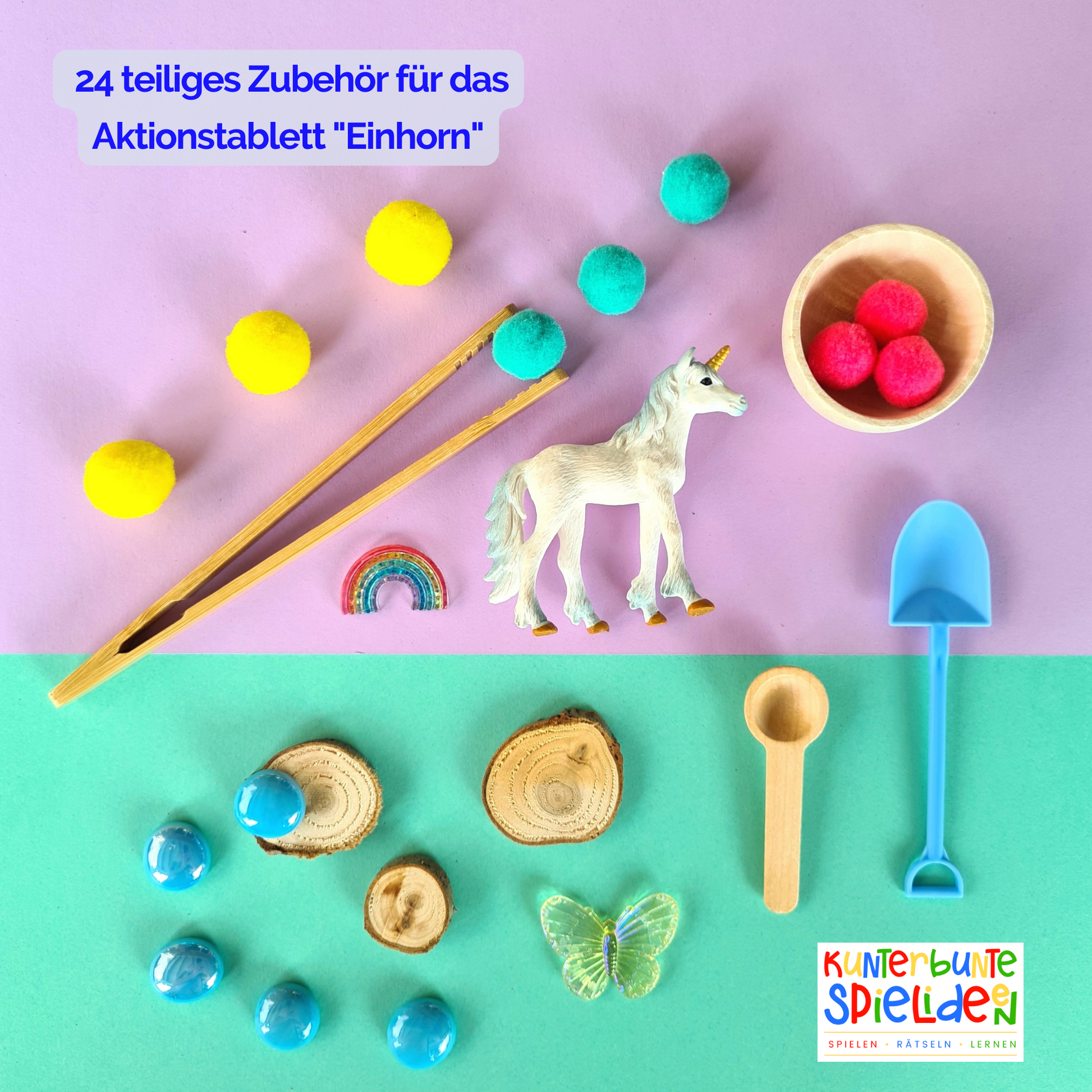 Sensorischer Reis, Montessori Material, gefärbter Reis mit Schüttwerkzeugen und Schüttmaterialien, Einhorn Tierfigur, Holz Schüttwerkzeuge