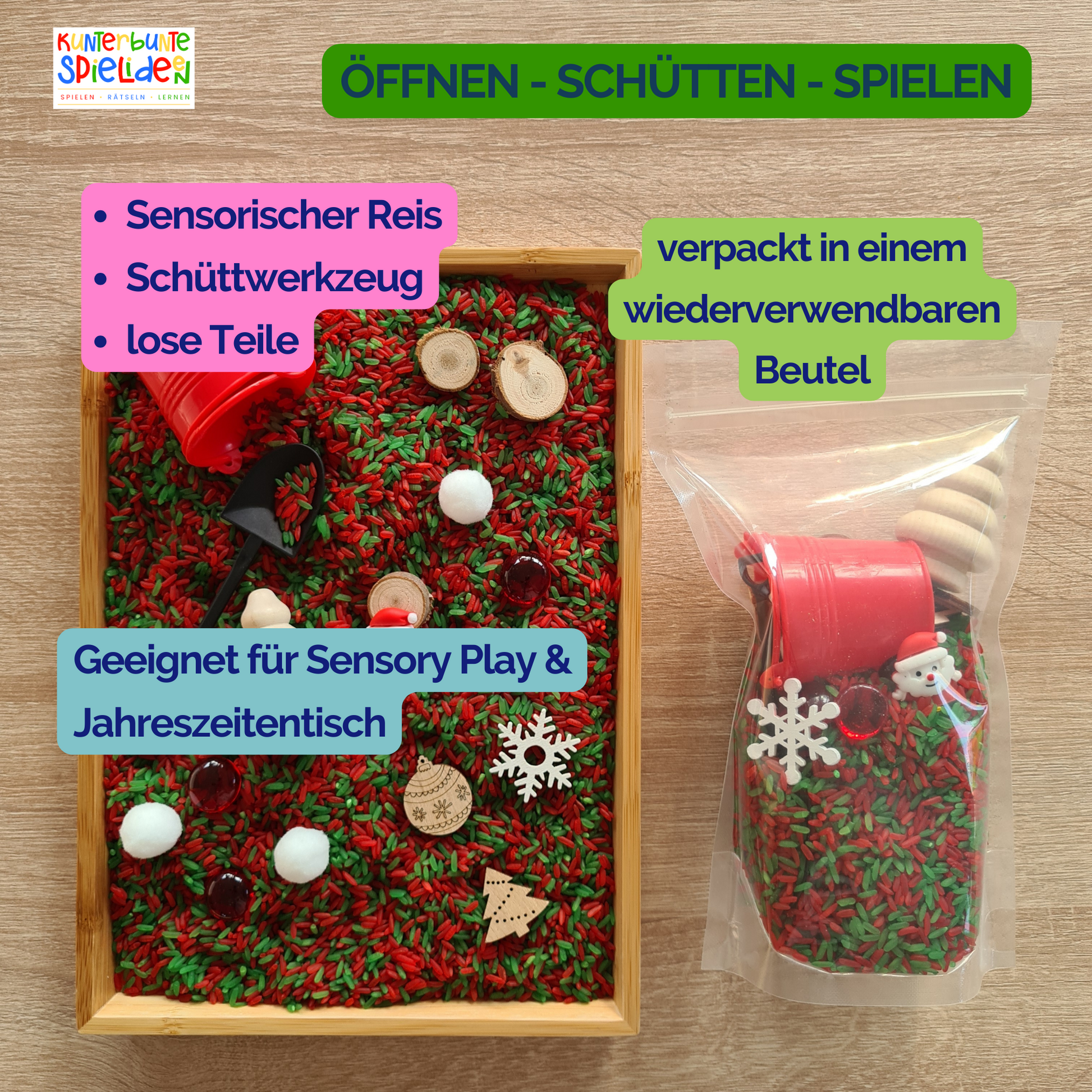 Sensory Play mit sensorischem Reis Weihnachten Aktionstablett Montessori Geschenk ab 3 Jahre Geschenk ab 4 Jahre Geschenk ab 2 jahre Sinnesspiel Sensory Play Weihnachtszeit mit Schüttwerkzeugen