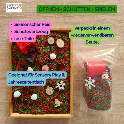 Sensory Play mit sensorischem Reis Weihnachten Aktionstablett Montessori Geschenk ab 3 Jahre Geschenk ab 4 Jahre Geschenk ab 2 jahre Sinnesspiel Sensory Play Weihnachtszeit mit Schüttwerkzeugen