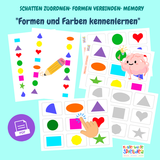 Montessori Material Formen Farben Kleinkind Digitale Vorlagen für Klettmappe Schatten zuordnen Symbole verbindnen Memory mit Formen und Farben PDF VOrlagen Klettmappe Busy Book