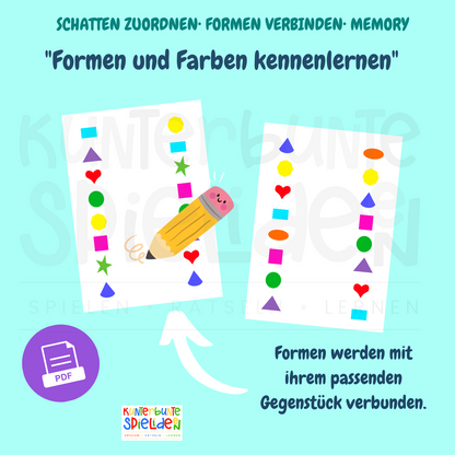 Montessori Material Formen Farben Kleinkind Digitale Vorlagen für Klettmappe Schatten zuordnen Symbole verbindnen Memory mit Formen und Farben PDF VOrlagen Klettmappe Busy Book