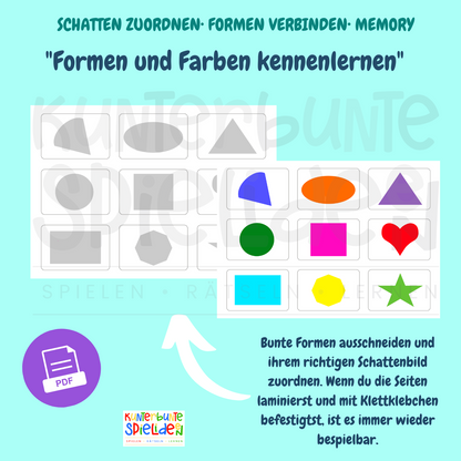 Montessori Material Formen Farben Kleinkind Digitale Vorlagen für Klettmappe Schatten zuordnen Symbole verbindnen Memory mit Formen und Farben PDF VOrlagen Klettmappe Busy Book