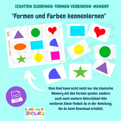 Montessori Material Formen Farben Kleinkind Digitale Vorlagen für Klettmappe Schatten zuordnen Symbole verbindnen Memory mit Formen und Farben PDF VOrlagen Klettmappe Busy Book